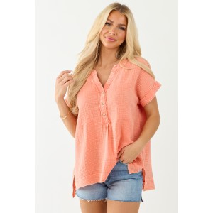 Peach Washed Double Gauze Cotton Short Sleeve Top