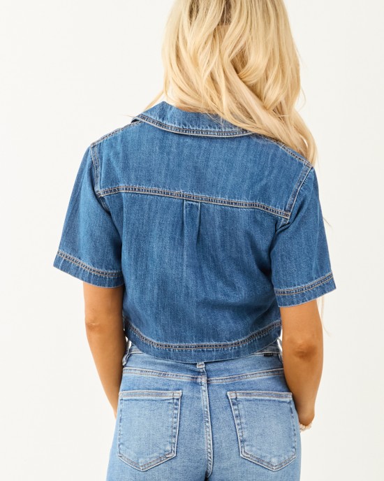 Risen Medium Wash Denim V Neck Short Sleeve Top