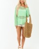 Mint Open Crochet V Neck Long Sleeve Top
