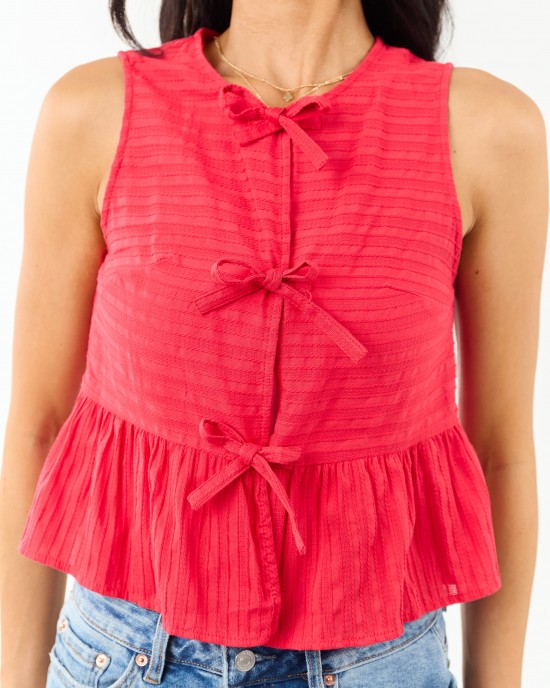 Crimson Textured Cotton Open Front Tank Top