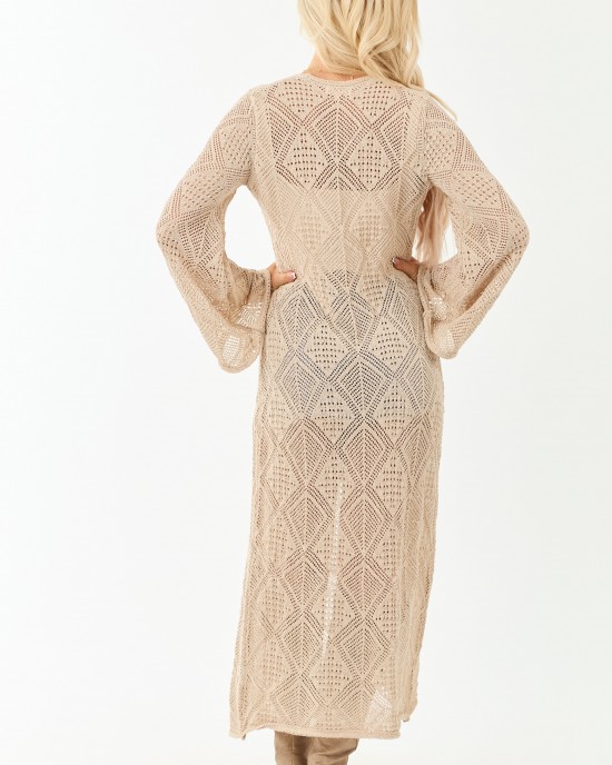 Almond Tie Front Flare Sleeve Knit Duster Cardigan