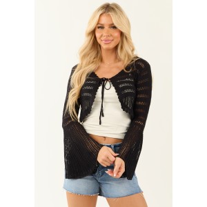Black Flare Sleeve Tie Front Crochet Knit Cardigan