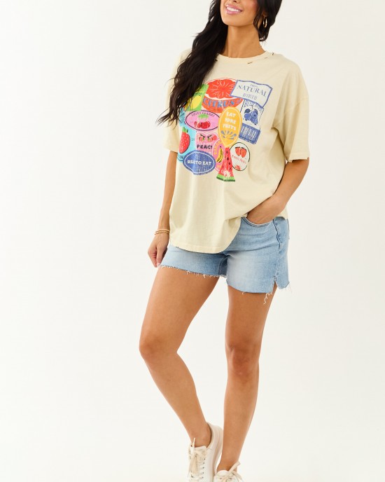 Almond Fruit Sticker Graphic Distressed Cotton Tee Almond Fruit Sticker Graphic Distressed Cotton Tee