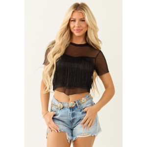 Black Fringe Short Sleeve Mesh Crop Top