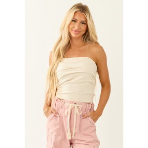 Almond Linen Blend Pleated Cropped Strapless Top