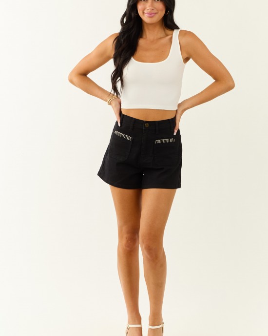 Lovelo Black Patch Pocket Stretchy Denim Shorts