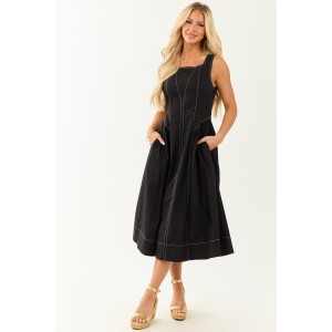 Entro Black Contrast Stitch Cotton Midi Dress