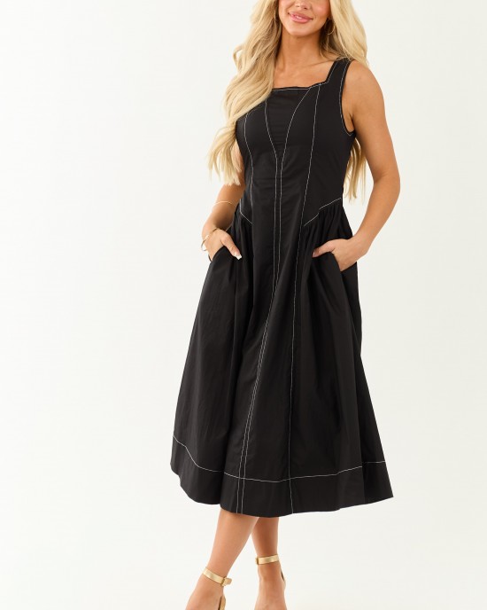 Entro Black Contrast Stitch Cotton Midi Dress Entro Black Contrast Stitch Cotton Midi Dress