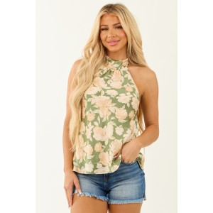 Dark Sage Floral Print Halter Neck Satin Tank Top