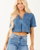 Risen Medium Wash Denim V Neck Short Sleeve Top