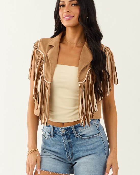 Brown Sugar Faux Suede Fringe Open Front Vest Brown Sugar Faux Suede Fringe Open Front Vest