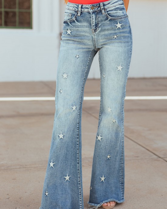 Mica Denim Medium Wash Stretchy Star Flare Jeans Mica Denim Medium Wash Stretchy Star Flare Jeans
