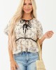 Cream and Black Floral Print Short Sleeve Top