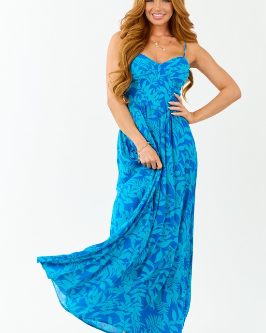 Cobalt Tropical Print Sleeveless Maxi Dress