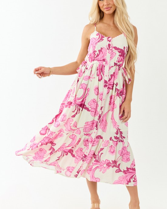 Entro Cream Floral Buttoned Sleeveless Maxi Dress