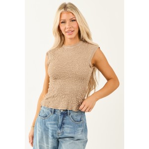 Khaki Crinkle Texture High Neck Stretchy Tank Top