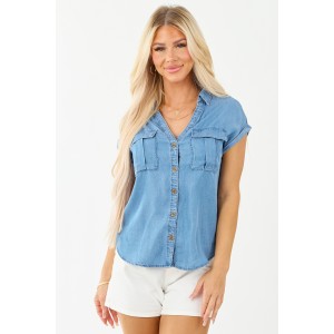 Medium Wash Chambray Denim Button Up Top