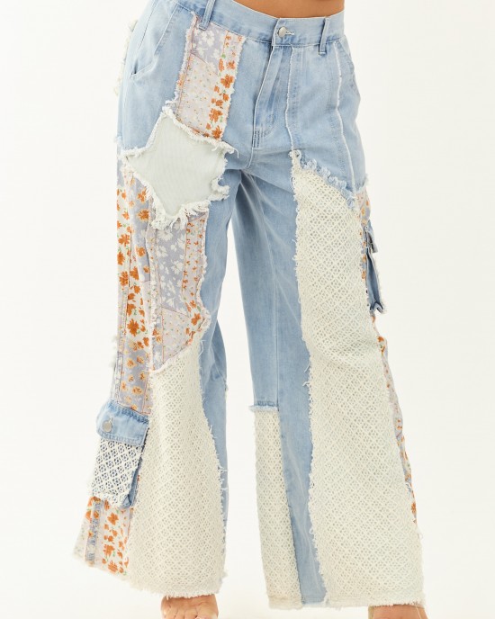 POL Medium Wash Patchwork Wide Leg Cargo Pants