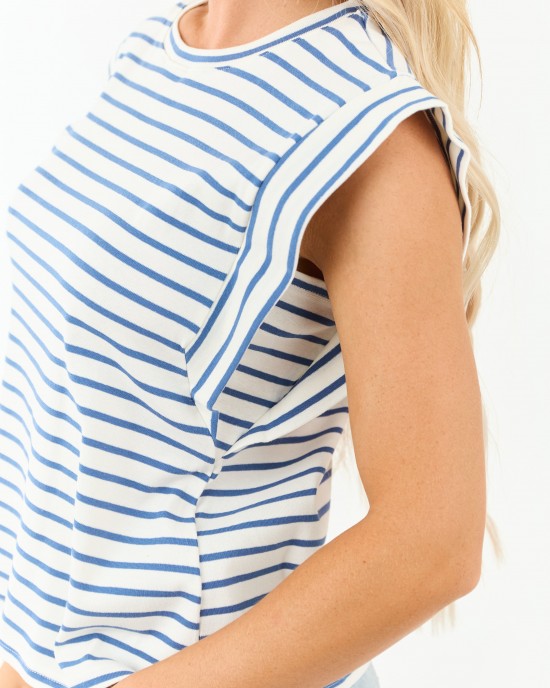Dusty Blue and Ivory Striped Cap Sleeve Top