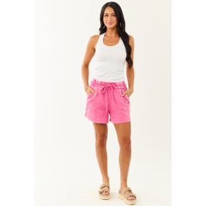 Fuchsia Acid Wash Fleece Drawstring Shorts