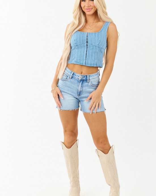 Medium Wash Denim Smocked Back Cropped Tank Top