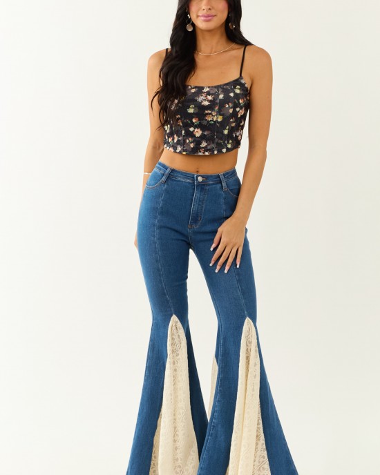 Medium Wash Super Flare Lace Hem Stretchy Jeans Medium Wash Super Flare Lace Hem Stretchy Jeans