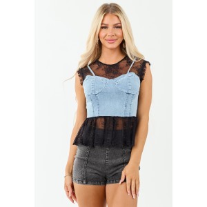 Light Wash Denim Corset Overlay Lace Tank Top