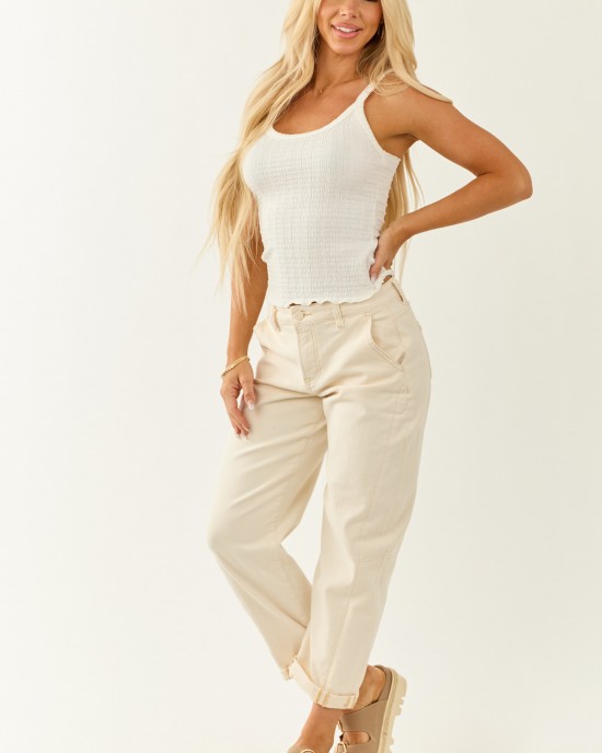 Risen Ivory High Rise Cuffed Stretchy Barrel Jeans Risen Ivory High Rise Cuffed Stretchy Barrel Jeans