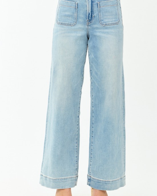 Hidden Light Wash Patch Pocket Stretchy Wide Leg Jeans
