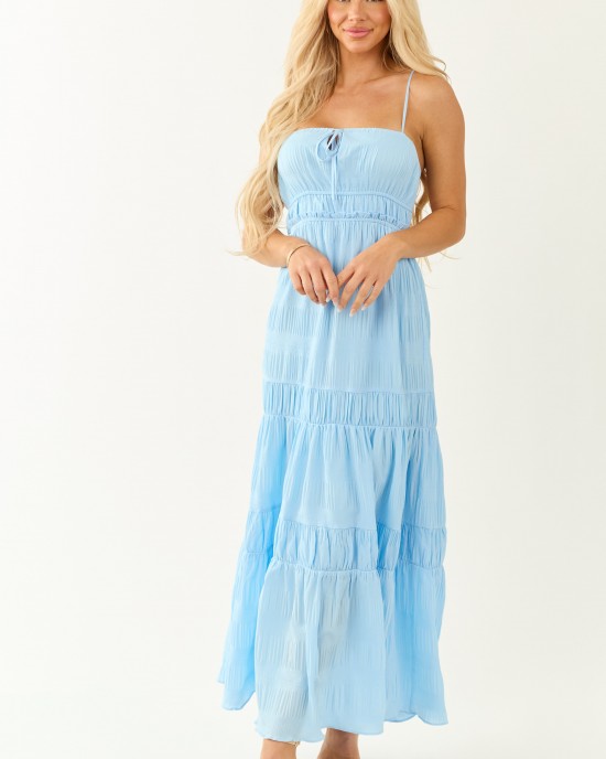 Sky Blue Ruched Tiered Sleeveless Maxi Dress