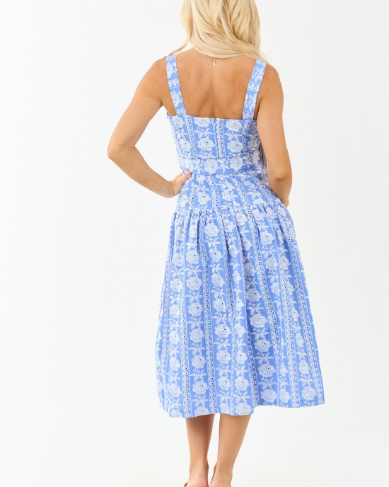 Cornflower Floral Embroidered Waist Tie Midi Dress