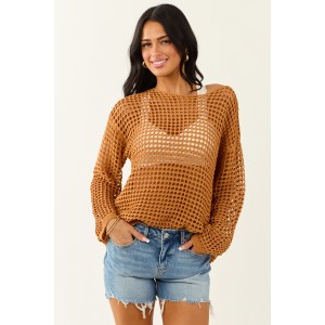 Caramel Open Crochet Round Neck Long Sleeve Top