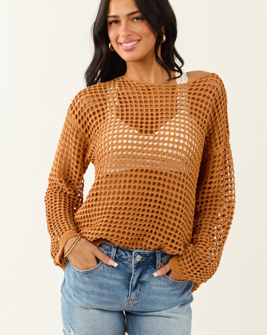Caramel Open Crochet Round Neck Long Sleeve Top Caramel Open Crochet Round Neck Long Sleeve Top