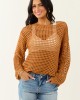 Caramel Open Crochet Round Neck Long Sleeve Top Caramel Open Crochet Round Neck Long Sleeve Top