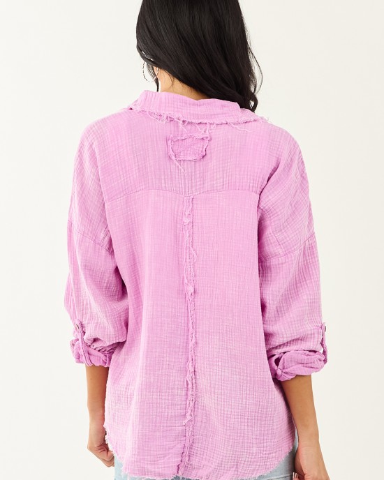 Orchid Washed Double Gauze Cotton Button Down Top