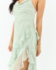 Sage Ditsy Floral Chiffon Ruffle High Slit Maxi Dress