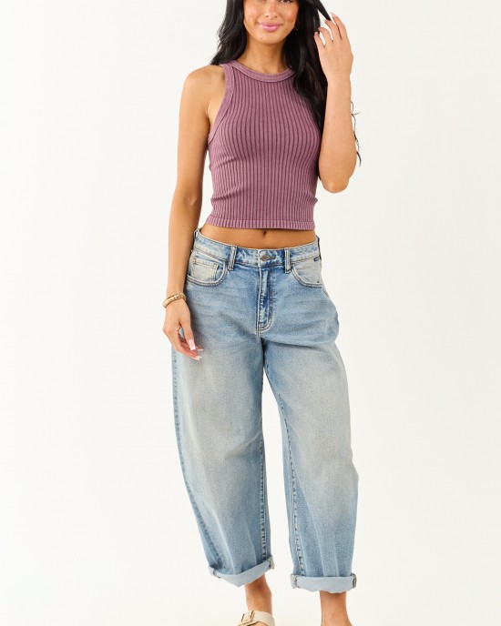 Plum Ribbed Stretchy Knit Washed Tank Top