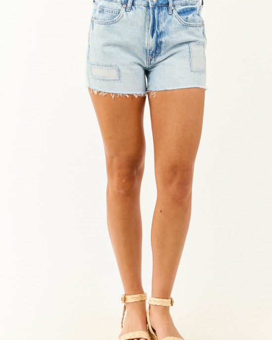 Saige Light Wash Patch Detail Denim Shorts