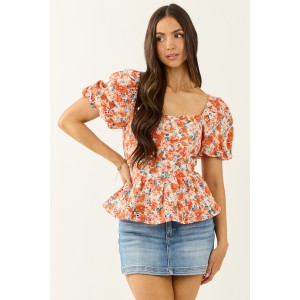 Lovelo Fire Floral Print Short Puff Sleeve Cotton Top
