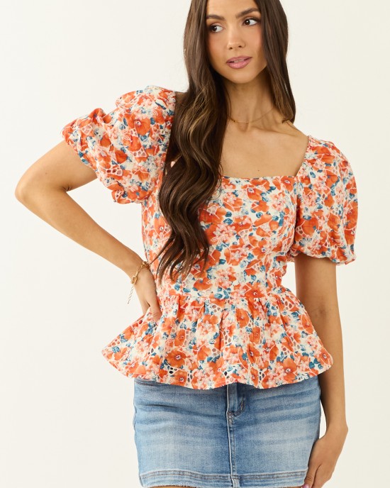 Lovelo Fire Floral Print Short Puff Sleeve Cotton Top