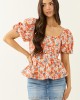 Lovelo Fire Floral Print Short Puff Sleeve Cotton Top