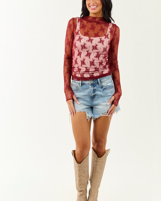 Wine Mesh Lace Mock Neck Long Sleeve Top