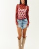 Wine Mesh Lace Mock Neck Long Sleeve Top