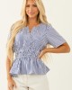 She+Sky Cobalt Striped Short Sleeve Peplum Blouse