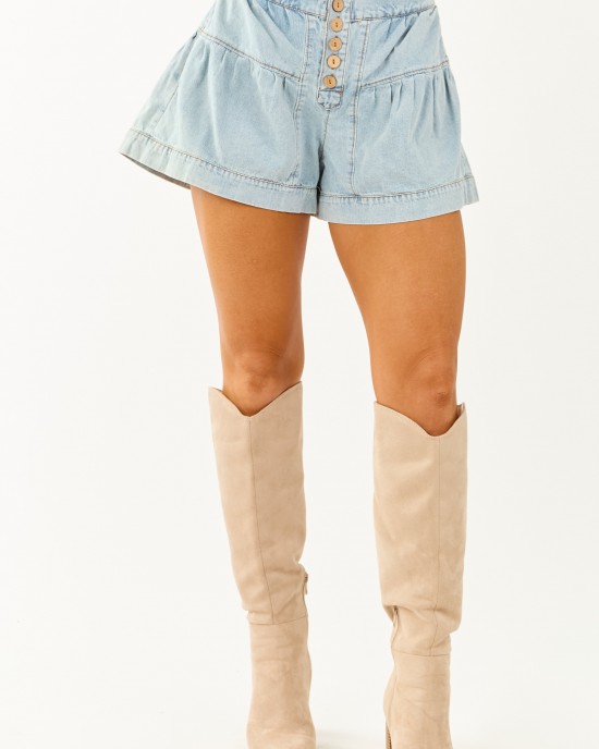 Light Wash Denim Button Down Flare Shorts Light Wash Denim Button Down Flare Shorts