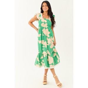 Kelly Green and Cream Floral Print Smocked Midi Dress