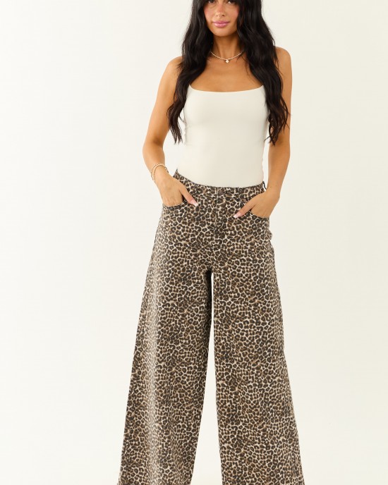 Saige Sepia Leopard Tummy Control Stretchy Wide Jeans