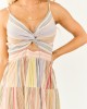 Almond Multiprint Striped V Neck Cotton Mini Dress Almond Multiprint Striped V Neck Cotton Mini Dress