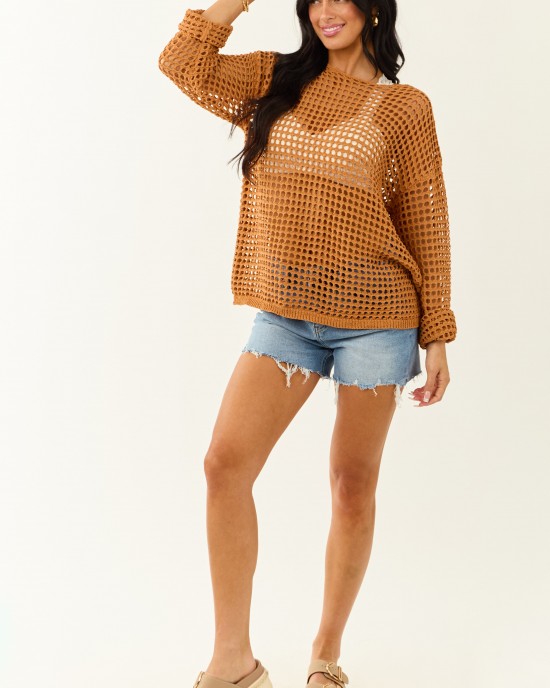 Caramel Open Crochet Round Neck Long Sleeve Top Caramel Open Crochet Round Neck Long Sleeve Top
