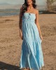 Sky Blue Ruched Tiered Sleeveless Maxi Dress